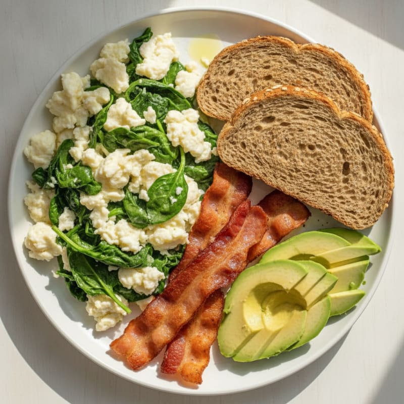 Crispy Turkey Bacon and Egg White Scramble with Sautéed Spinach