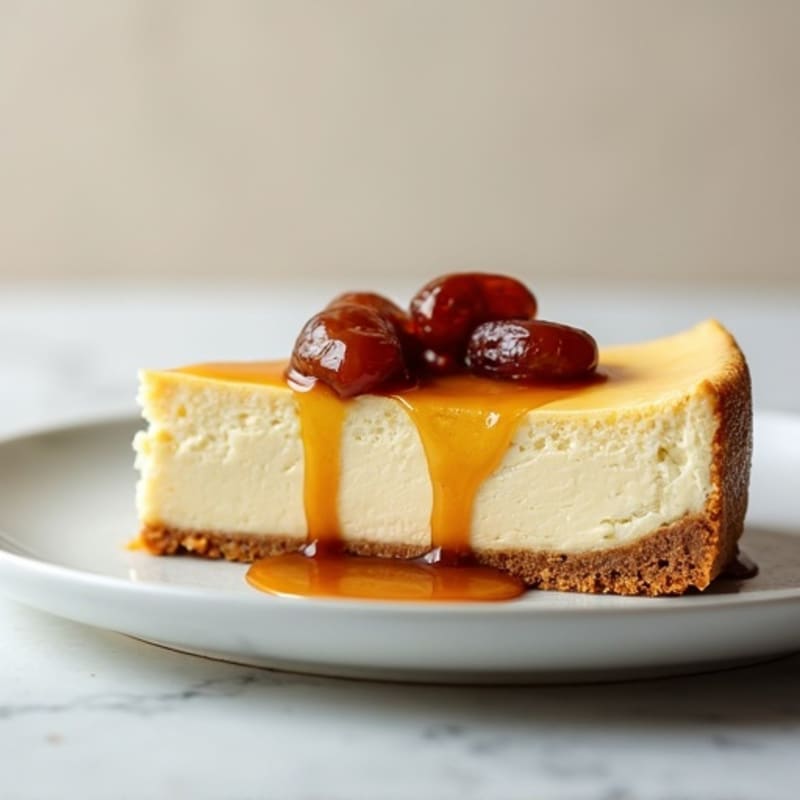 Lightened-Up Vanilla Bean Cheesecake with Date Caramel Drizzle