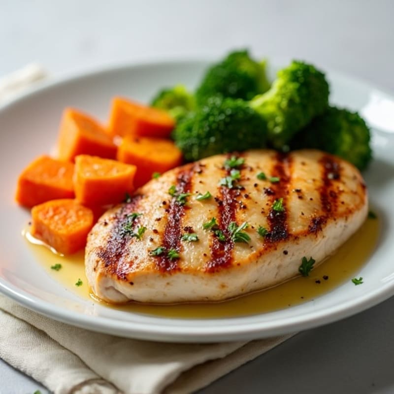 Grilled Chicken Breast with Roasted Sweet Potatoes and Steamed Broccoli