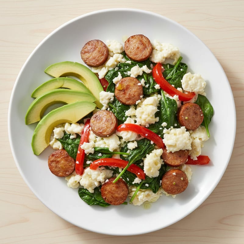 Egg White and Turkey Sausage Scramble with Sautéed Spinach