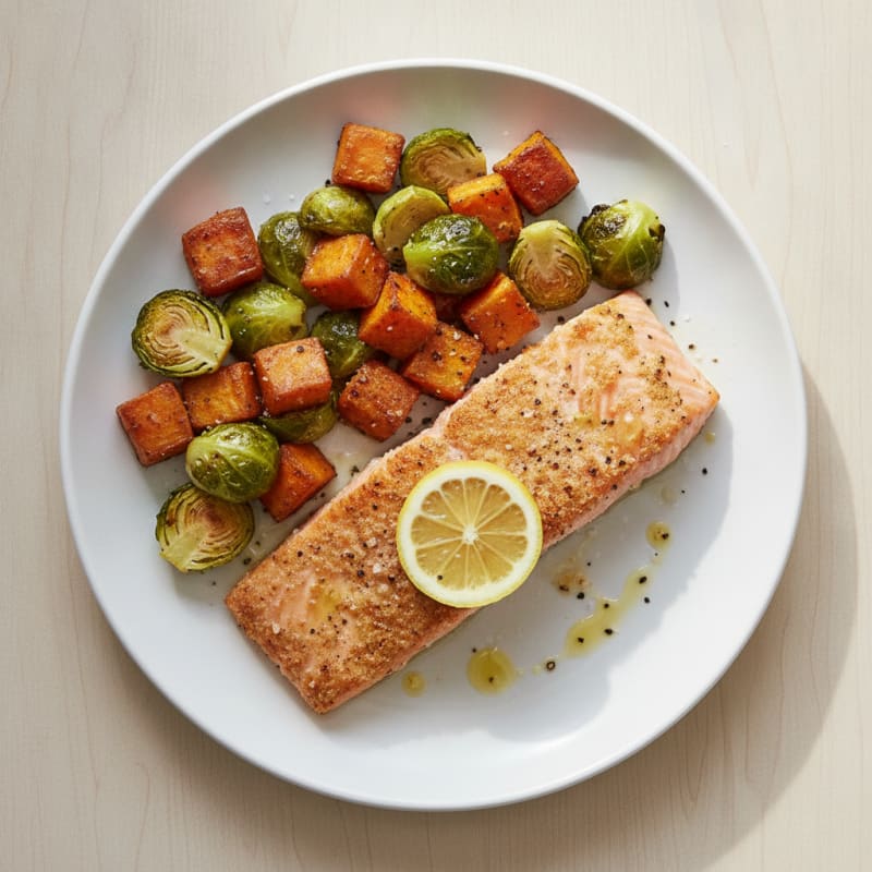 Roasted Salmon with Sweet Potatoes and Brussels Sprouts