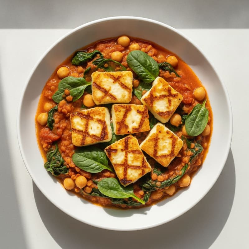 Lentil and Chickpea Stew with Silky Spinach and Grilled Halloumi