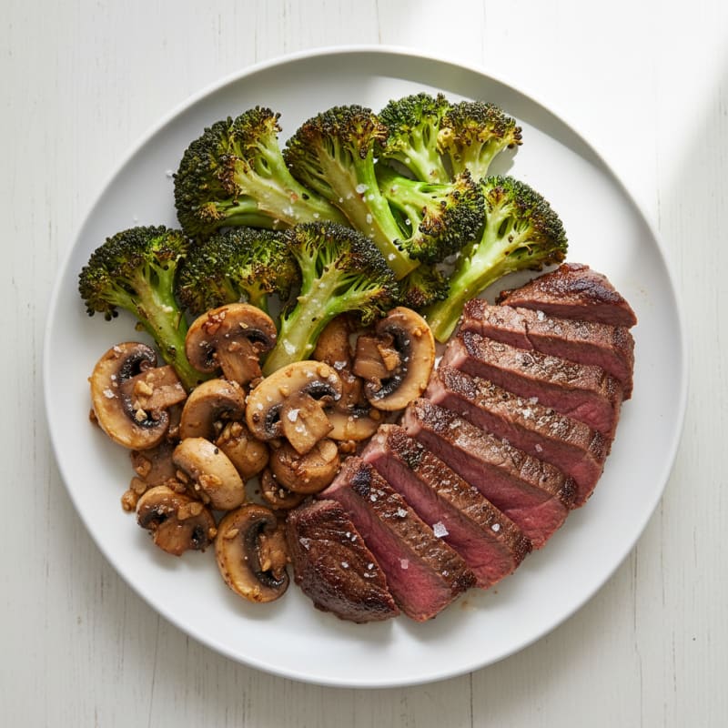 Seared Sirloin Steak with Roasted Broccoli and Garlic Mushrooms
