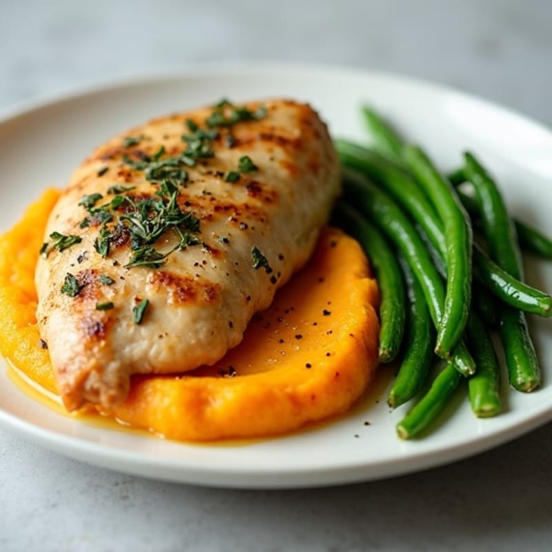 Herb-Roasted Chicken with Creamy Mashed Sweet Potato and Soft Cooked Green Beans