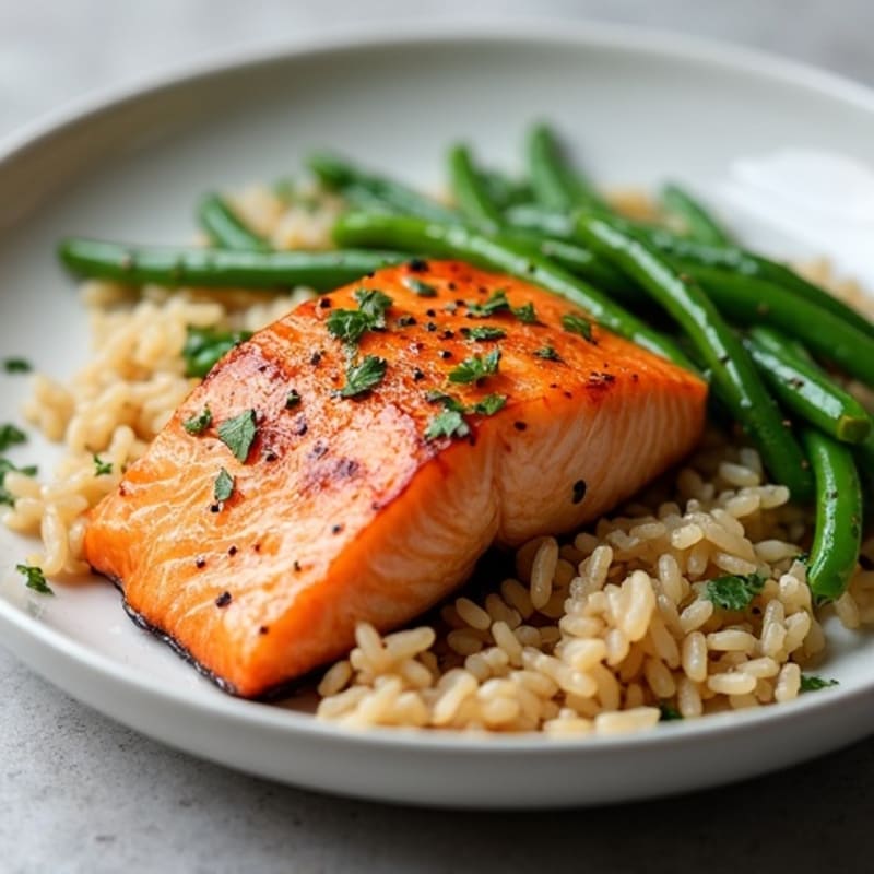 Seared Salmon Fillet with Garlic Green Beans and Brown Rice
