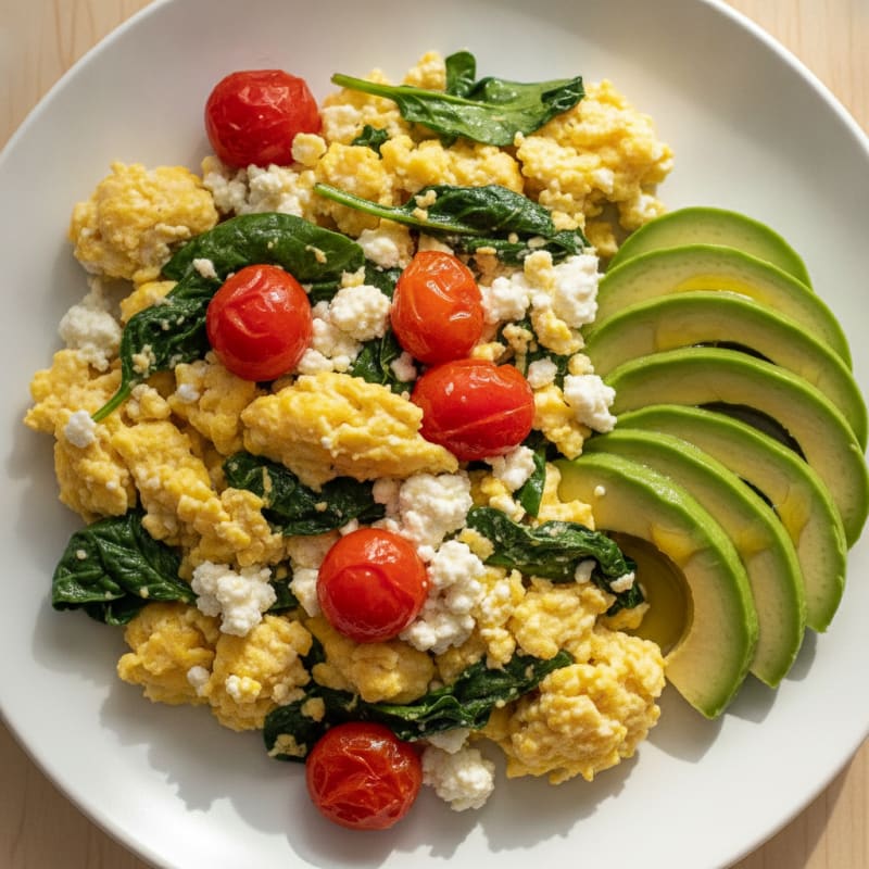 Cottage Cheese Scramble with Spinach and Cherry Tomatoes