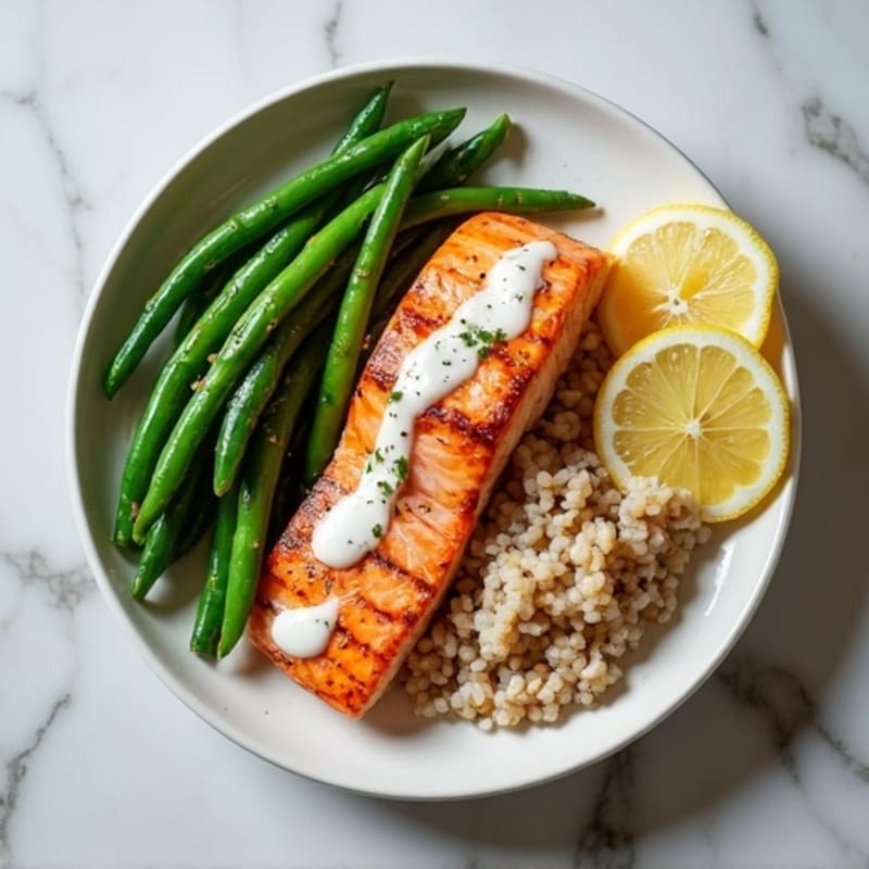 Seared Salmon Fillet with Steamed Green Beans and Brown Rice