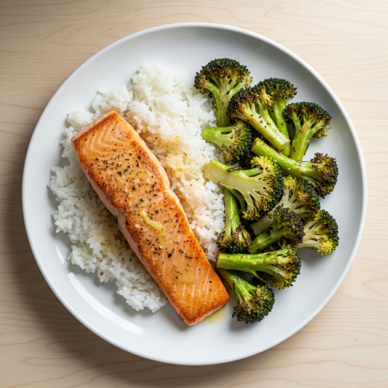 Seared Salmon with Roasted Broccoli and Jasmine Rice