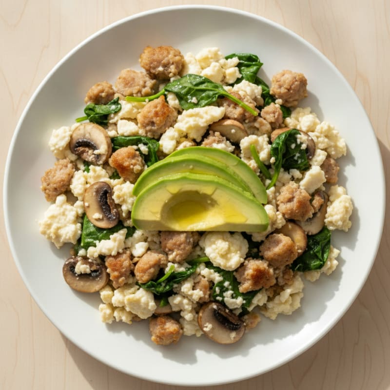 Egg White and Turkey Sausage Scramble with Spinach and Mushrooms