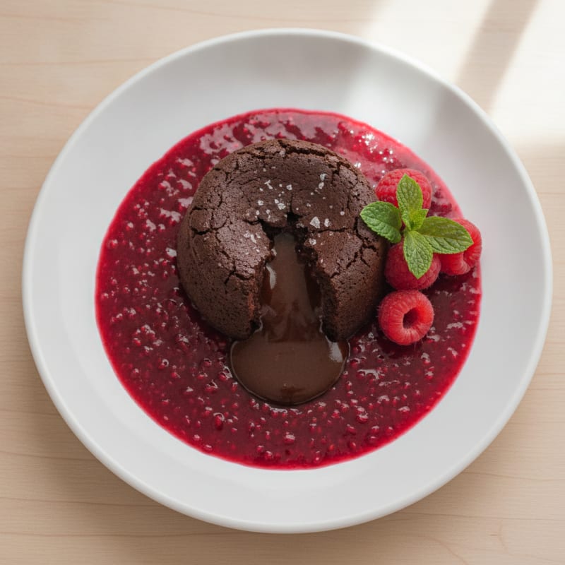 High-Protein Chocolate Lava Cake with Raspberry Coulis