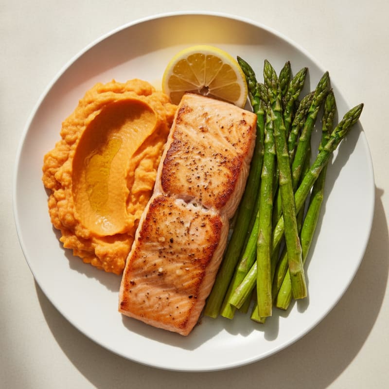 Seared Salmon Fillet with Roasted Asparagus and Sweet Potato Mash