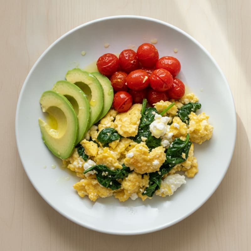 Cottage Cheese Egg Scramble with Sautéed Spinach and Cherry Tomatoes