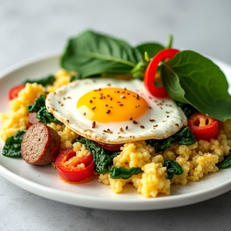 Egg White and Turkey Sausage Scramble with Spinach and Bell Peppers