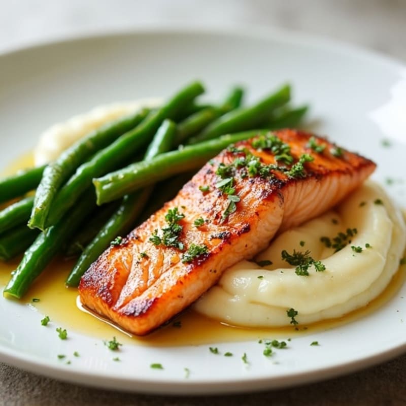 Seared Salmon with Garlic Green Beans and Cauliflower Mash
