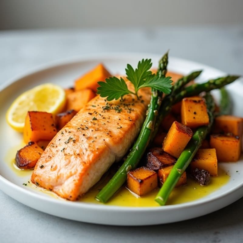 Seared Salmon with Roasted Sweet Potato and Asparagus