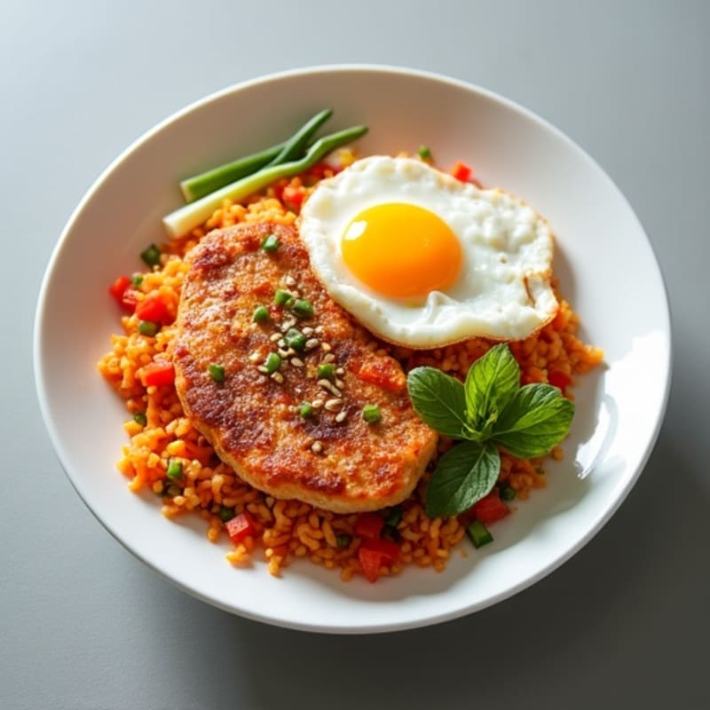 Crispy Kimchi Fried Rice with Chicken and Fresh Vegetables
