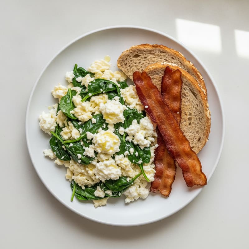 Egg White and Spinach Scramble with Cottage Cheese and Turkey Bacon