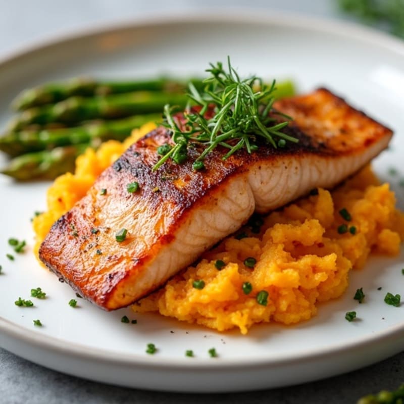 Seared Salmon Fillet with Roasted Asparagus and Sweet Potato Mash