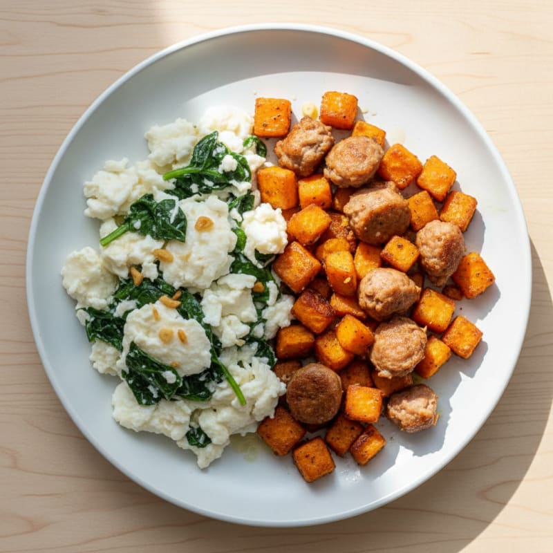 Egg White Spinach Scramble with Turkey Sausage and Sweet Potato Hash