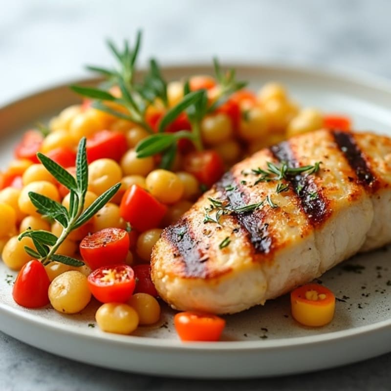 Herb-Grilled Chicken Breast with Chickpea Pasta and Roasted Peppers