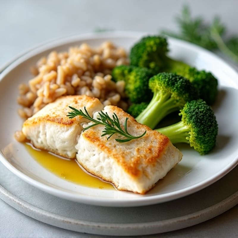 Seared Fish Fillet with Steamed Rice and Broccoli