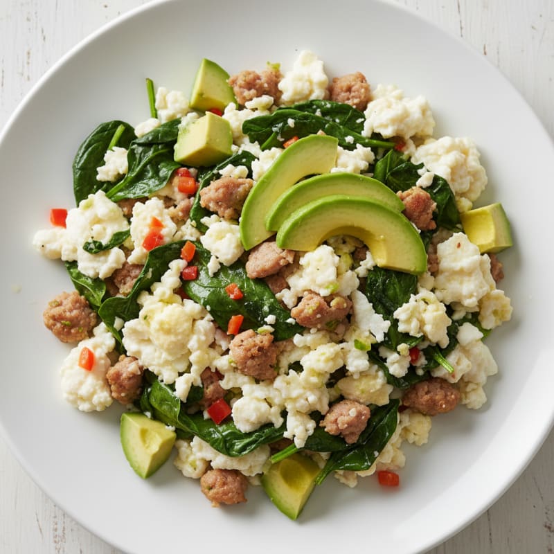 Egg White and Turkey Sausage Scramble with Sautéed Spinach
