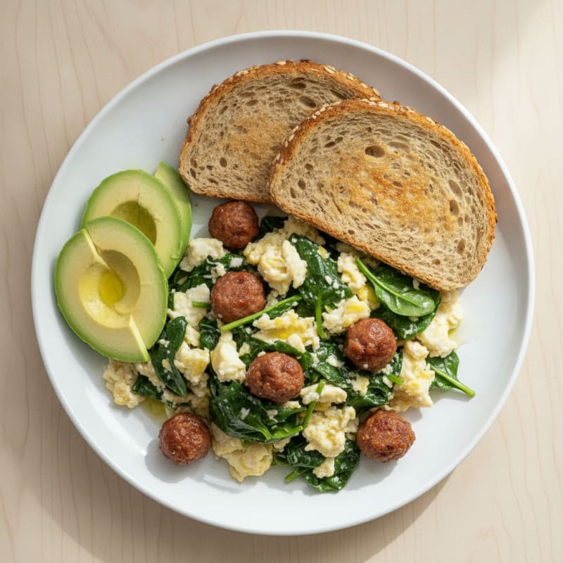 Egg White Spinach Scramble with Turkey Sausage
