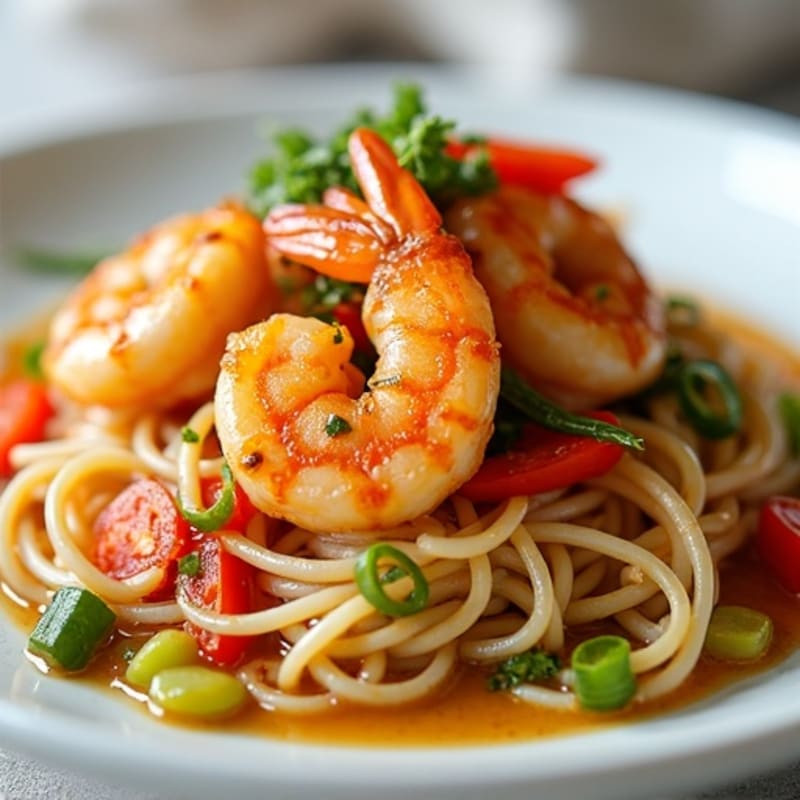 Pan-Seared Shrimp with Rice Noodles, Creamy Peanut Sauce, and Crunchy Vegetables