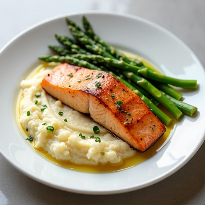Seared Salmon with Steamed Asparagus and Cauliflower Mash