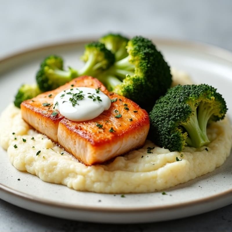 Seared Salmon with Roasted Broccoli and Cauliflower Mash
