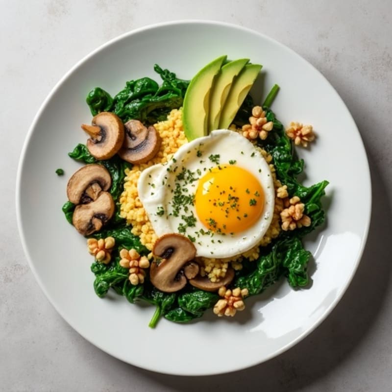 Cottage Cheese Scramble with Spinach and Sautéed Mushrooms