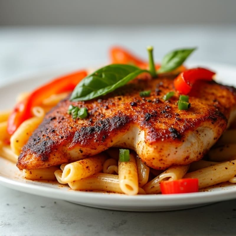 Spicy Blackened Chicken with Whole Wheat Pasta and Sautéed Bell Peppers
