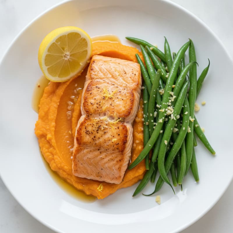 Seared Salmon with Garlic Green Beans and Sweet Potato Mash