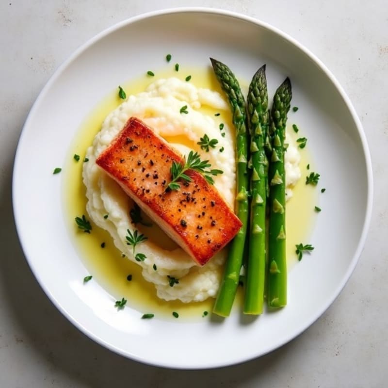 Seared Salmon with Steamed Asparagus and Cauliflower Mash