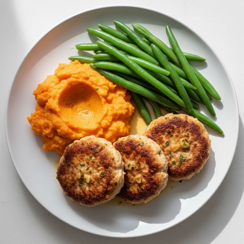 Seared Turkey Patties with Steamed Green Beans and Sweet Potato Mash