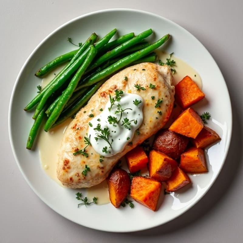Creamy Garlic Herb Chicken with Roasted Sweet Potatoes and Crispy Green Beans