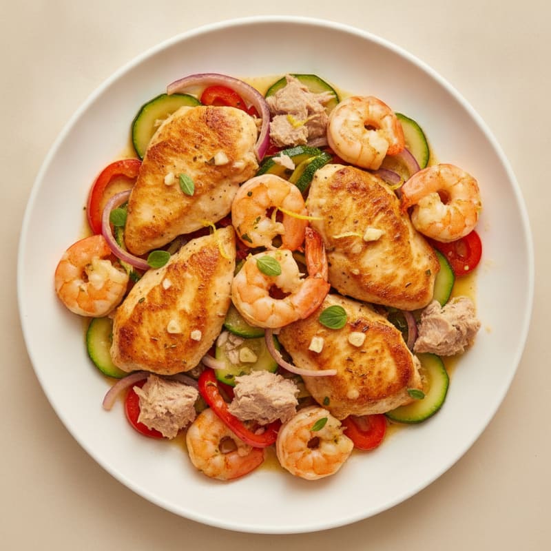 Seared Chicken, Shrimp, and Tuna Medley