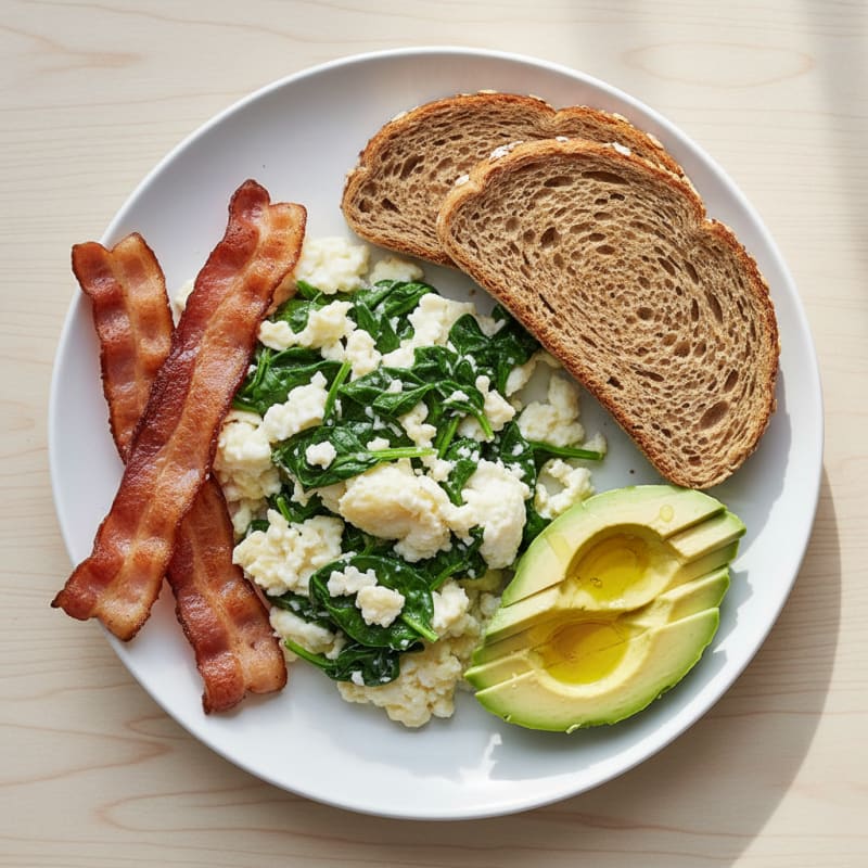 Crispy Turkey Bacon and Egg White Scramble with Sautéed Spinach