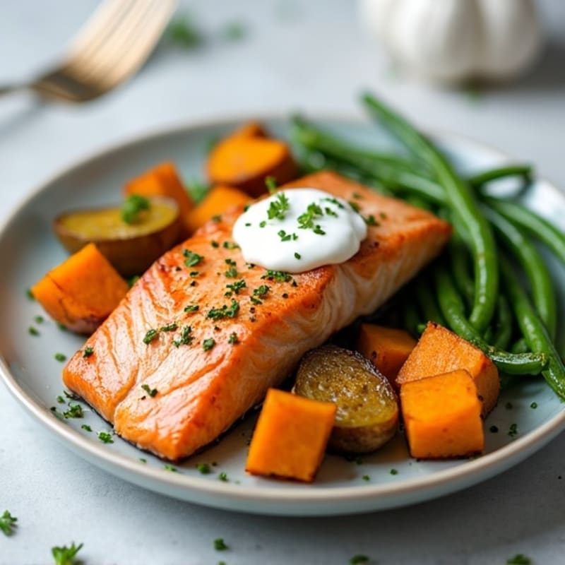 Seared Salmon Fillet with Roasted Sweet Potato and Garlic Green Beans