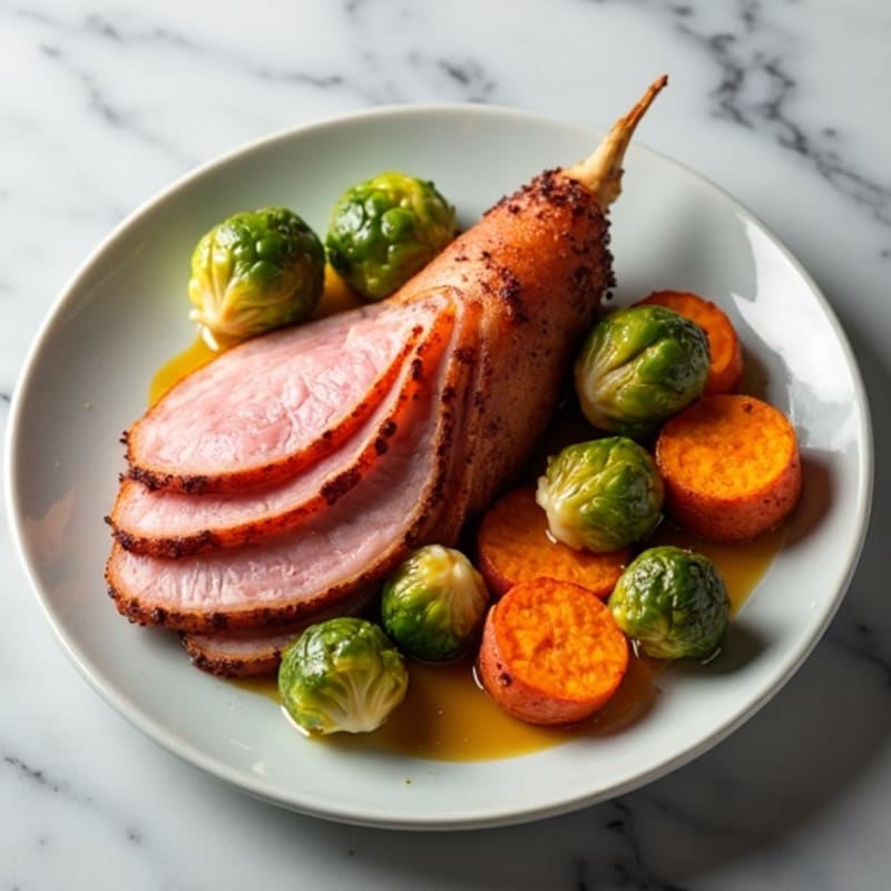 Roasted Ham with Crispy Brussels Sprouts and Sweet Potatoes