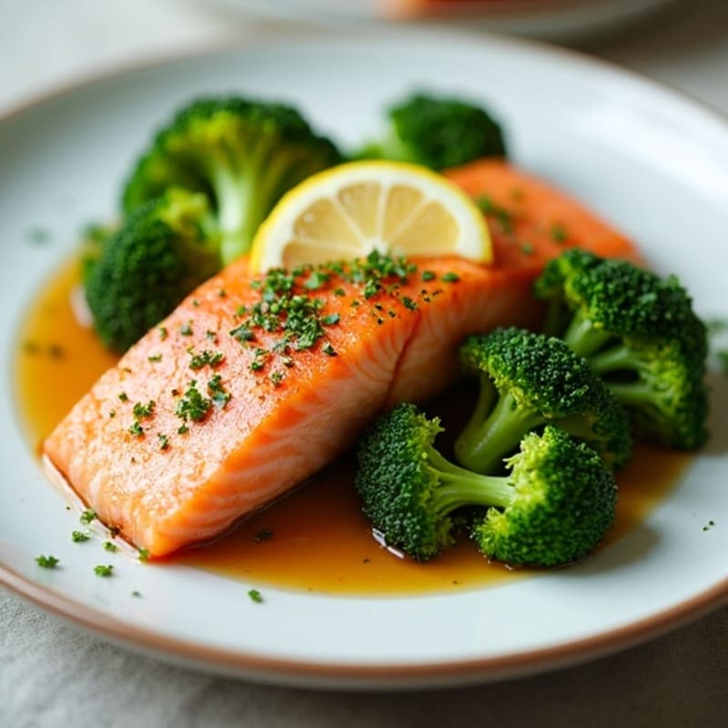 Seared Salmon with Steamed Broccoli and Lemon