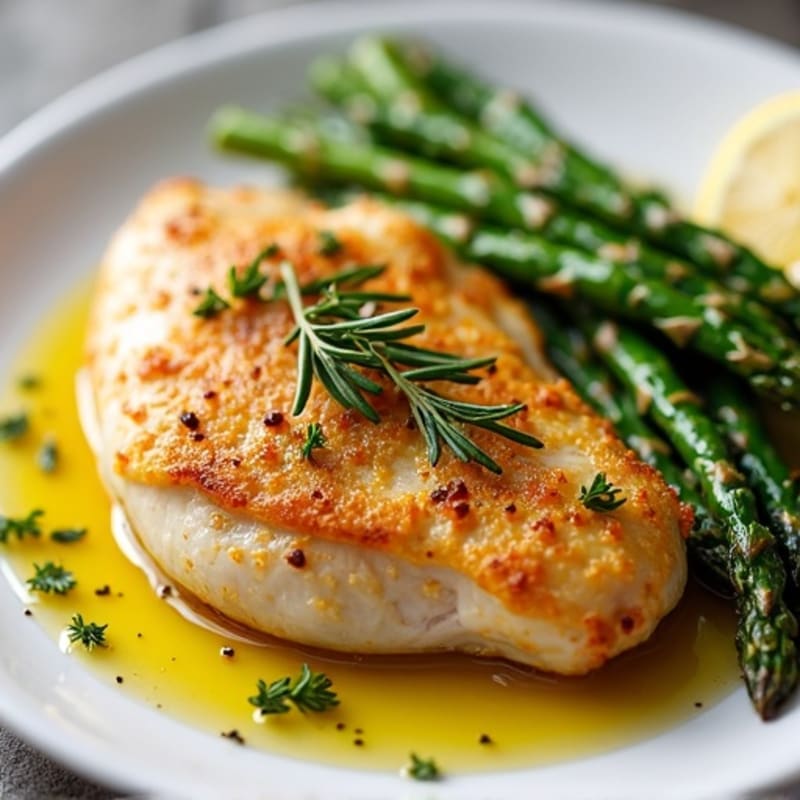 Crispy Lemon Herb Roasted Chicken Breast with Roasted Asparagus