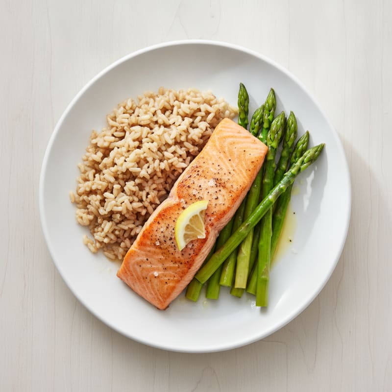 Seared Salmon Fillet with Steamed Asparagus and Brown Rice