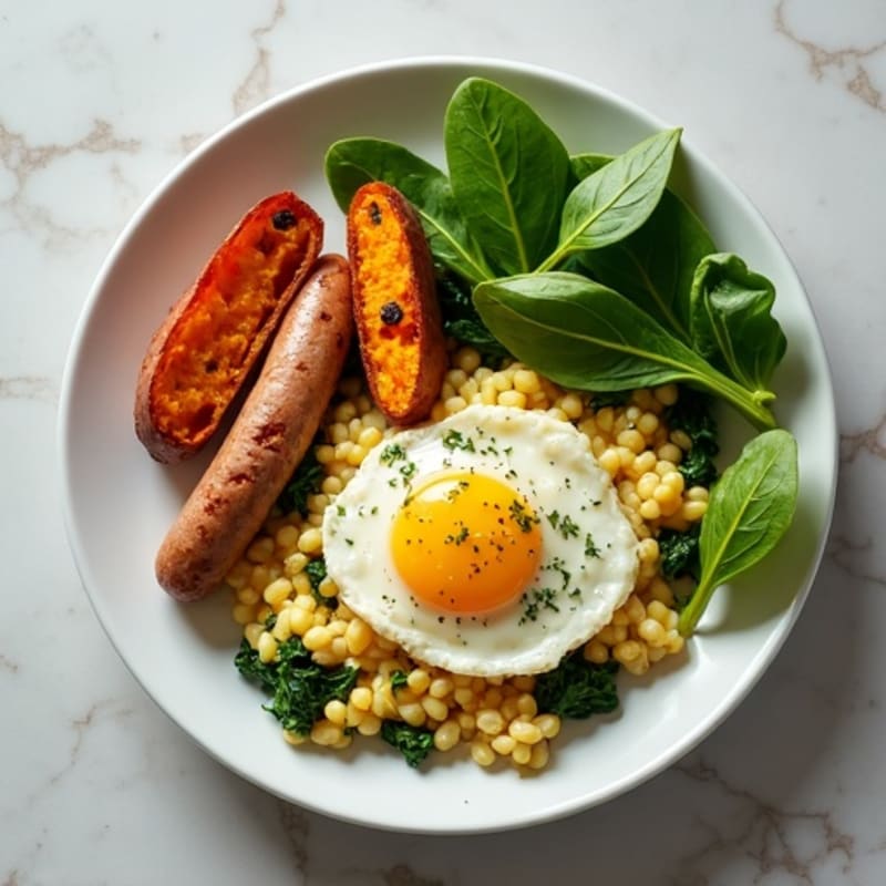 Egg White and Spinach Scramble with Turkey Sausage and Roasted Sweet Potatoes