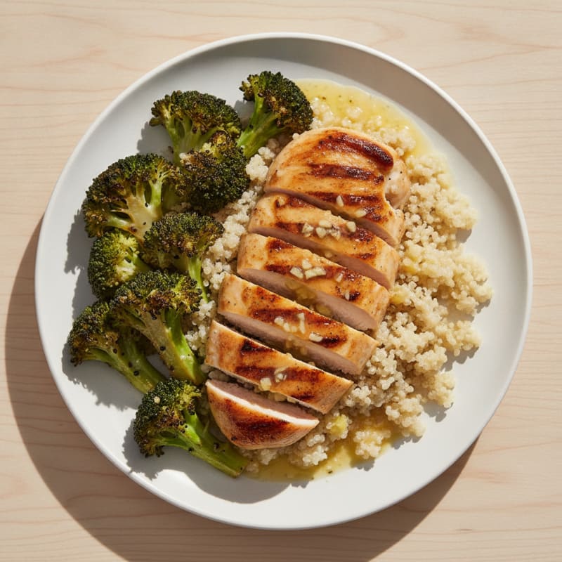 Grilled Lemon-Garlic Chicken Breast with Quinoa and Roasted Broccoli