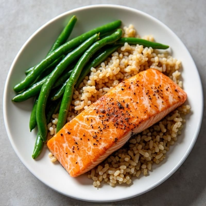 Seared Salmon Fillet with Garlic Green Beans and Brown Rice