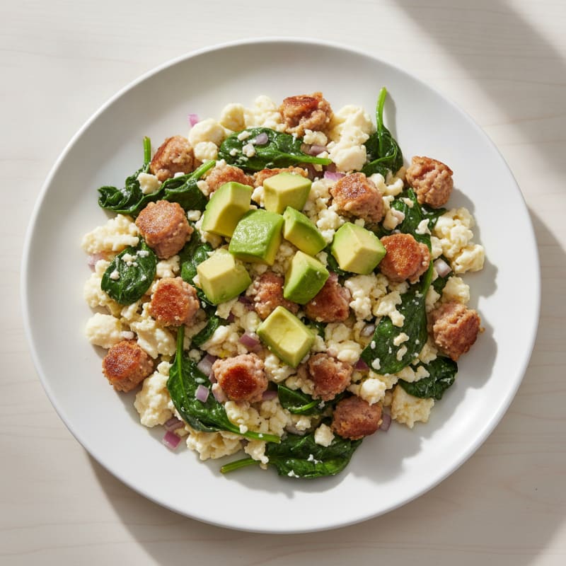 Egg White Scramble with Turkey Sausage and Sautéed Spinach