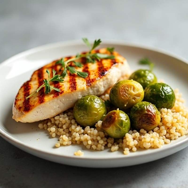 Grilled Chicken Breast with Roasted Brussels and Quinoa