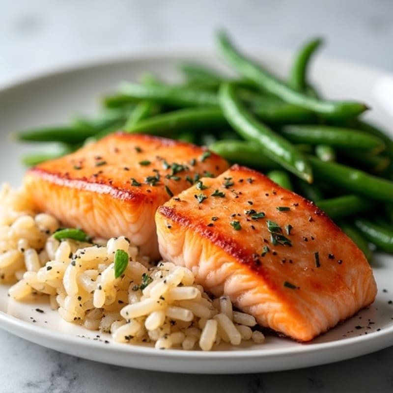 Seared Salmon Fillet with Garlic Green Beans and Brown Rice