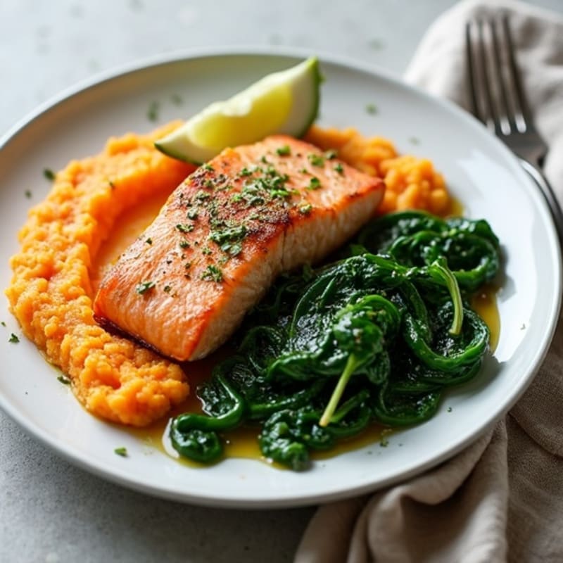 Seared Salmon Fillet with Garlic Spinach and Sweet Potato Mash